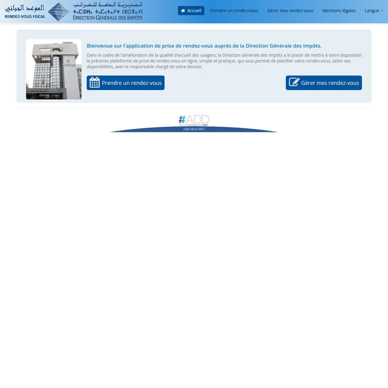 Screenshot des Portals Le Rendez-vous Fiscal in Marokko — DGI